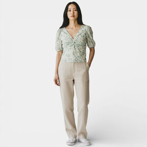 Floral Mint Green Eyelet V-neckline Puffsleeves Sheer Women Blouse Top Small